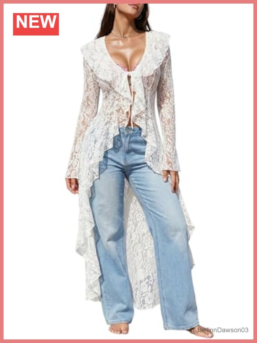 Lace Floral Sheer Bell Sleeve Tie Front Maxi Cardigan